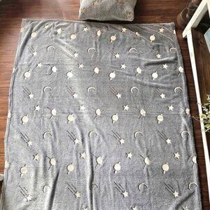 Gray Soft Fleece Glow in the Dark Star Moon Planet Throw Blanket & Pillow